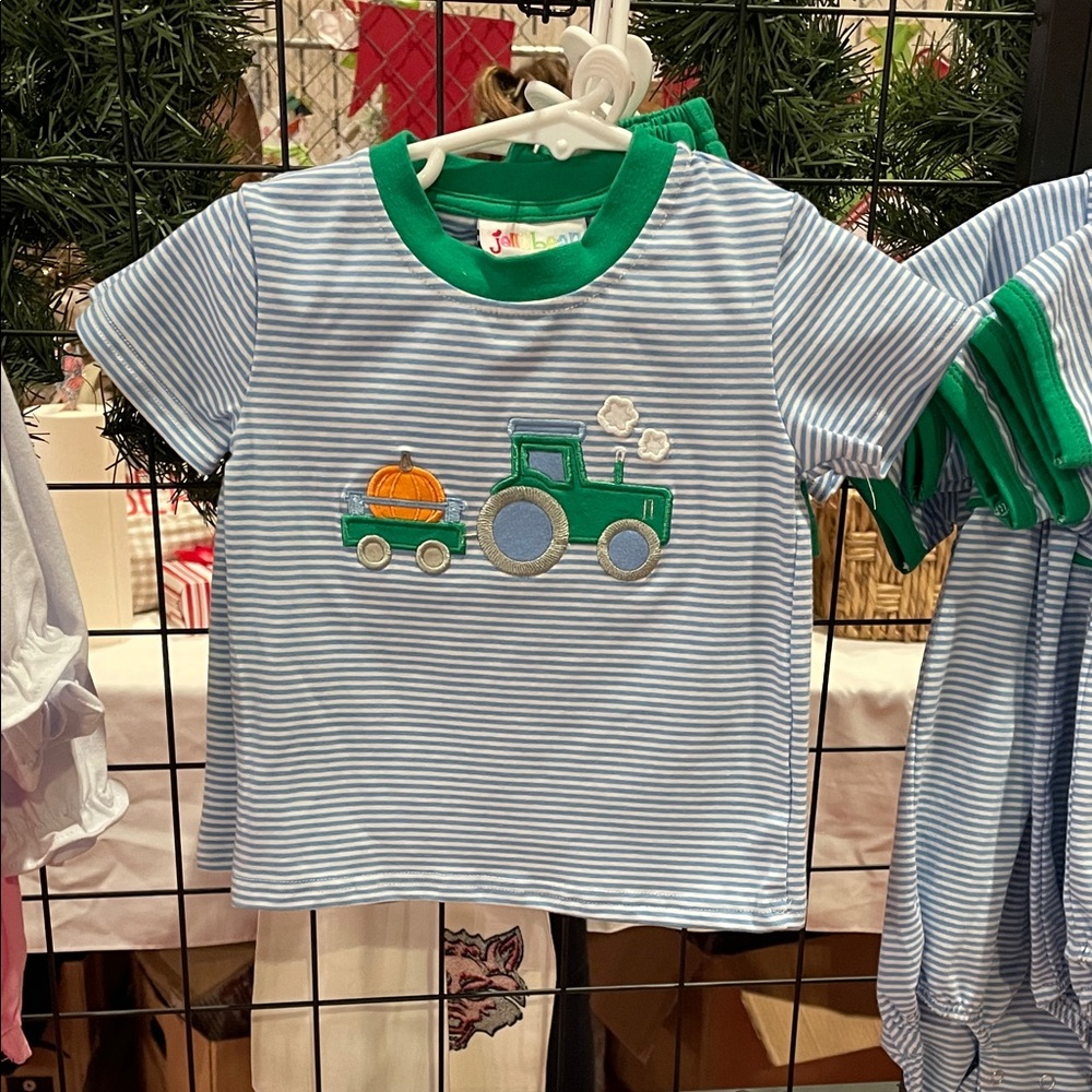 Jelly Beans Blue Striped Shirt with Green Tractor